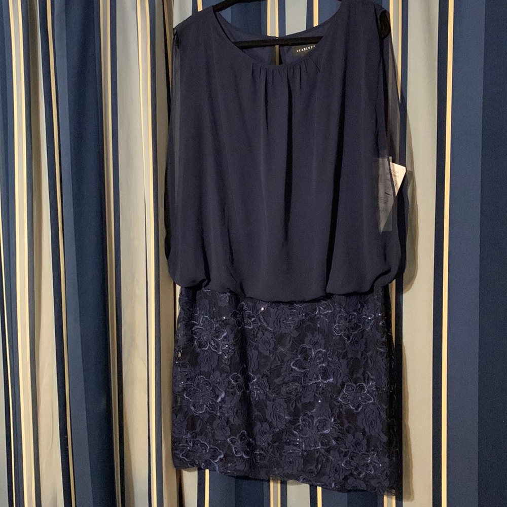 Lovely sleeveless navy cocktail dress with sequins on skirt. Scarlett, 16 NWT